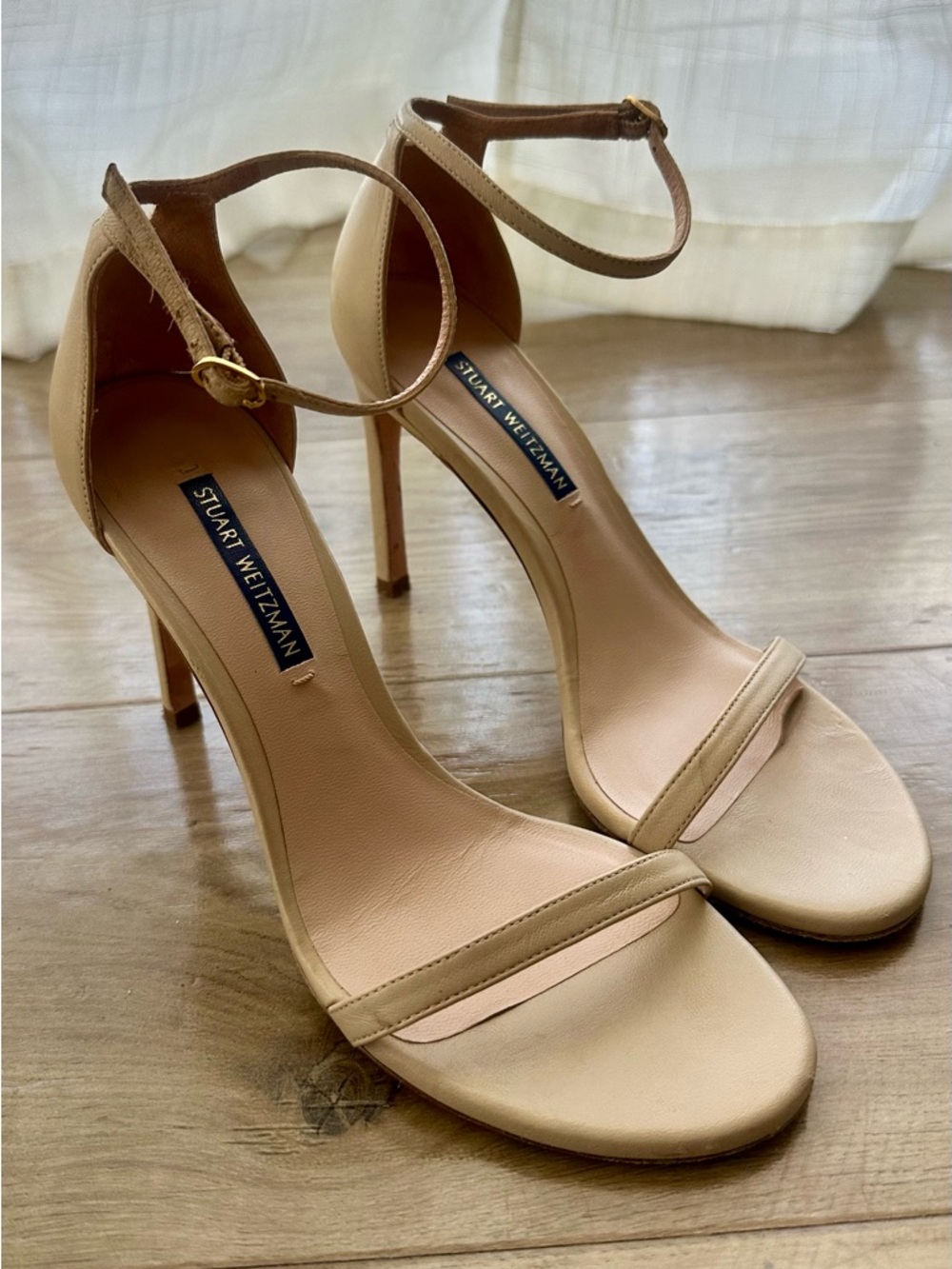 Stuart Weitzman Beige Ankle-Strap Stiletto Sandals